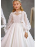 Long Sleeves Beaded Ivory Lace Glitter Tulle Flower Girl Dress